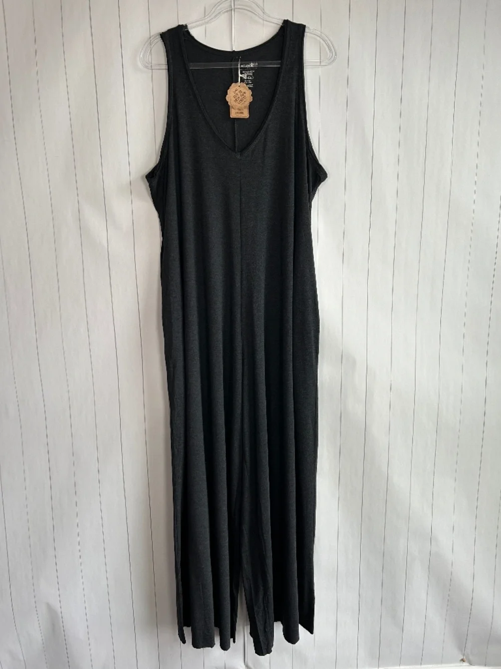 Natural Life one size jumpsuit dark gray loungewear wide leg v-neck pockets NEW - Picture 1 of 9